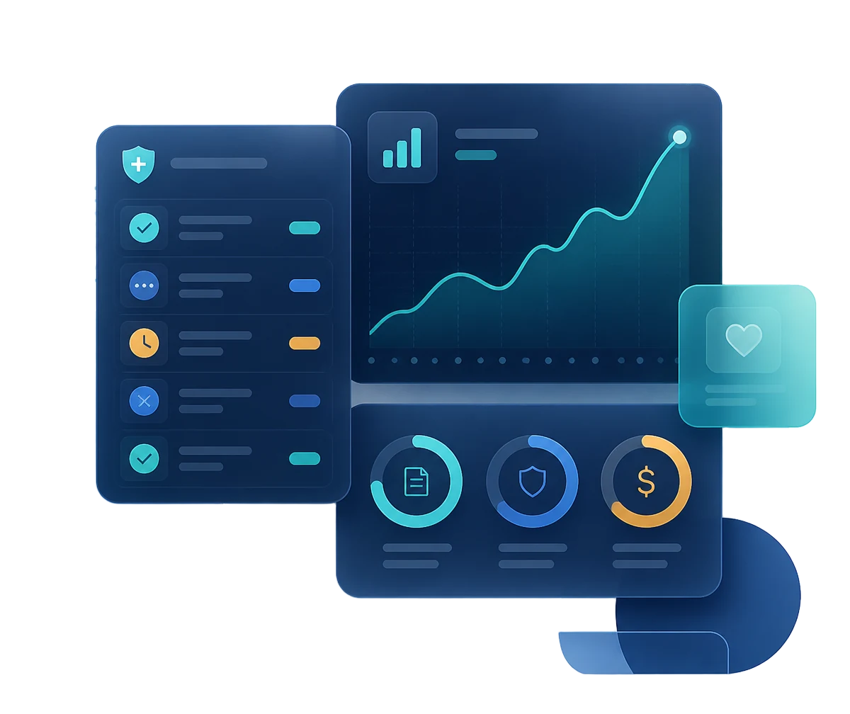 Abstract dashboard showing claim statuses, revenue trend and payment metrics